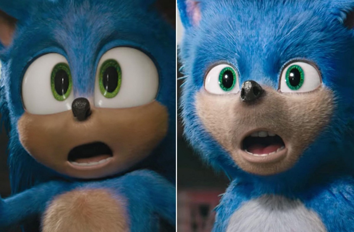 Perbandingan desain Sonic baru di sebelah kiri dan desain Sonic lama di sebelah kanan.